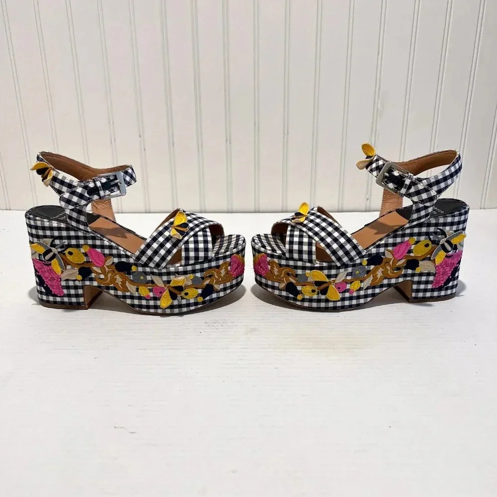 Laurence Dacade Helissa Navy Gingham Floral Embroidered Preppy Wedge Heels 39 - Picture 5 of 10